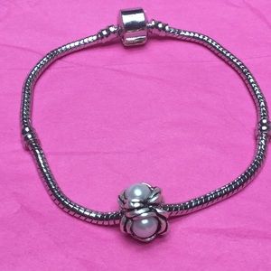 Antique Finish Faux Pearl Euro Bead Charm Bracelet